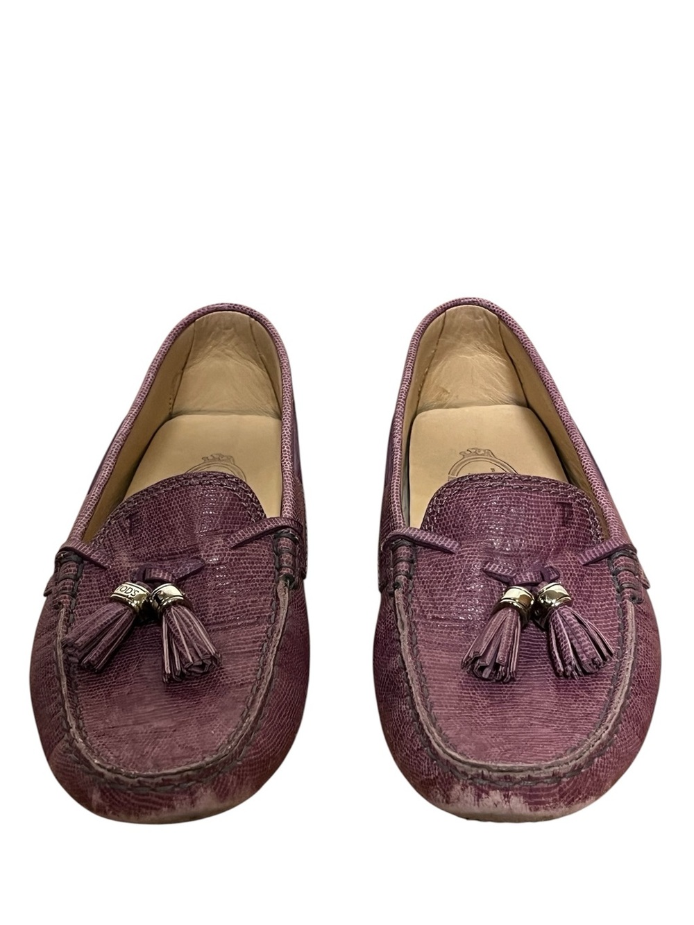 Tod's Gommino purple lizard-embossed leather tassel driving loafer moccasins 38 - Picture 4 of 16